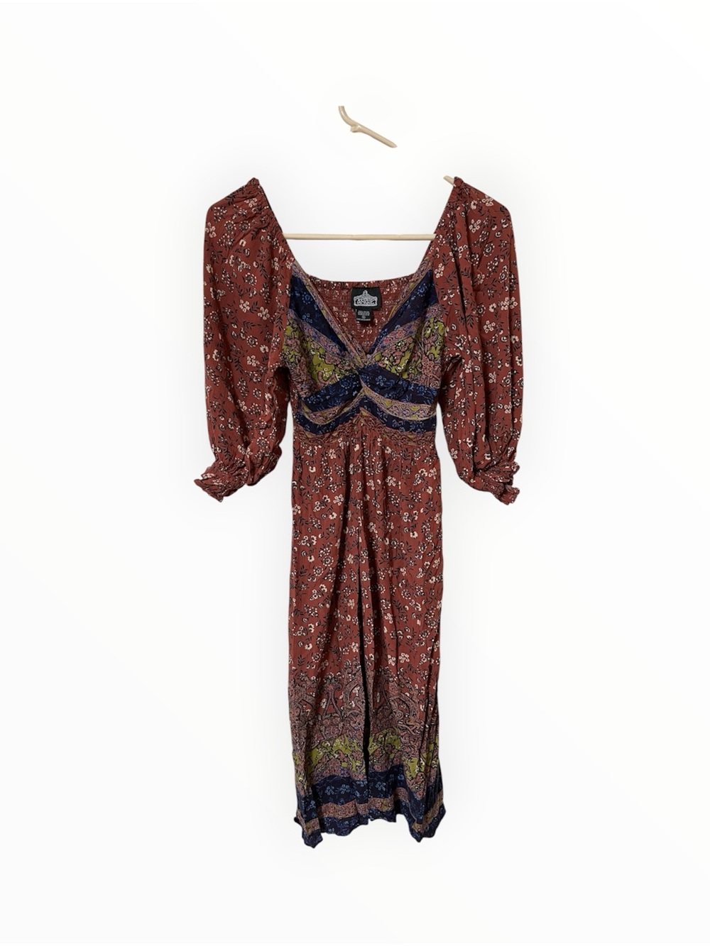 Angie Vintage Style Bohemian Midi Dress Floral Smocked Crinkle Sz S Festival